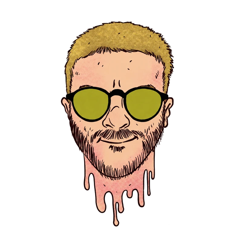 Ritratto illustrato di The Bad Guyde con barba e occhiali verdi
